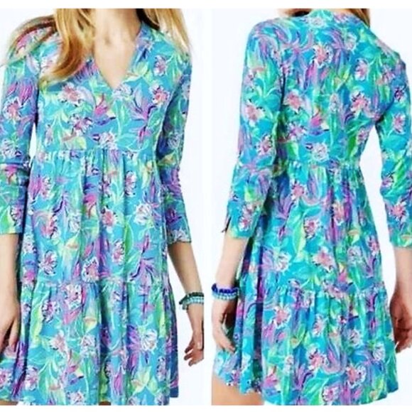 LILLY PULITZER Size LARGE Alaina Dress FORMENTERA TURQUOISE KEEP ON BELEAFING - Picture 1 of 3